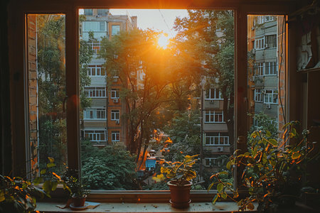 Sunset view from the window of a residential building in the city