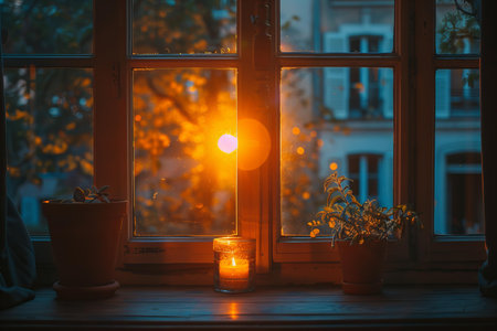 A burning candle on the windowsill in the rays of the setting sun.の写真素材