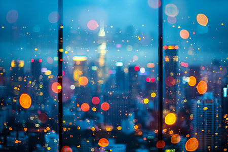 Blurred bokeh of city view through window, abstract background
