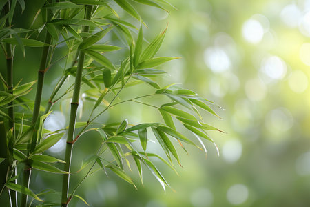 Bamboo leaves on blurred green background with bokeh, closeupの写真素材