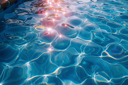 swimming pool with sun reflections on water surface, close-up