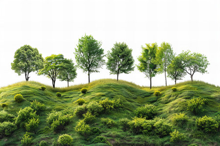 Green hill with trees isolated on white background. 3d illustration.の写真素材