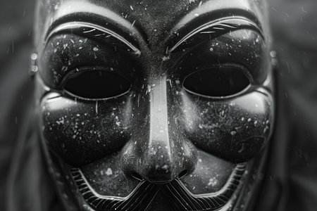 Close-up portrait of a super hero mask in black and whiteの写真素材