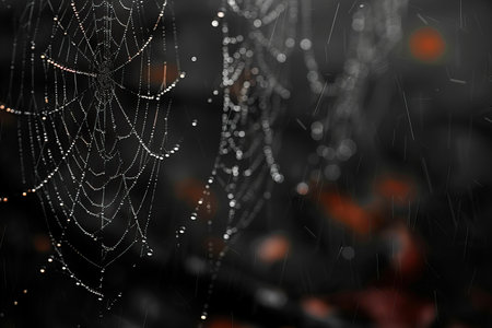 Spider web with dew drops on a dark background, close-up