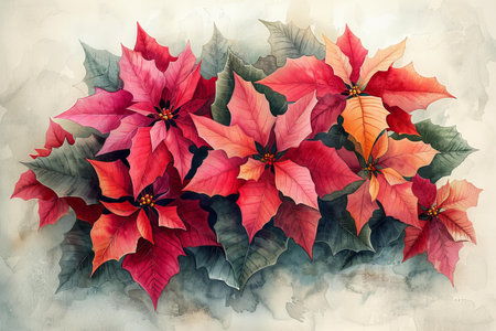 Christmas background with poinsettia flowers. Watercolor painting.の写真素材