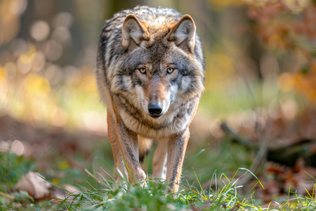 Portrait of a grey wolf (Canis lupus) in the forest