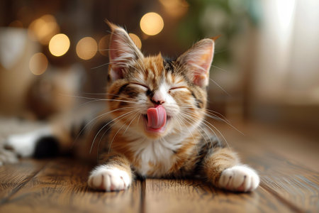 Cute little kitten licks its lips on a background of Christmas lightsの写真素材