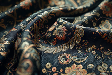 Texture, background, pattern. The fabric is dark brown with a paisley pattern.