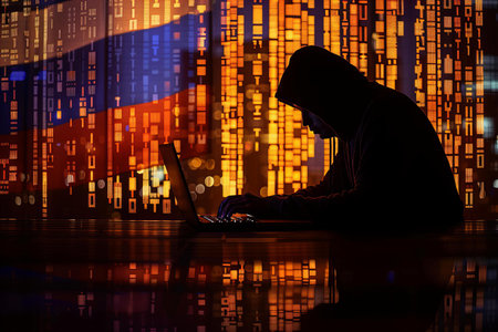 Hacker using laptop with flag of Russia on the background, cyber attack concept