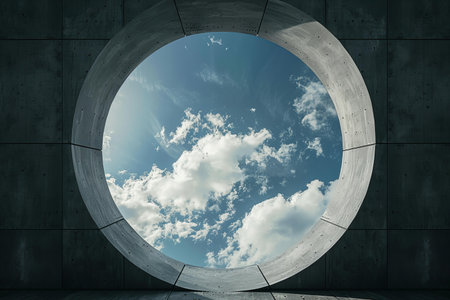 Concrete room with blue sky and clouds. 3D rendering.