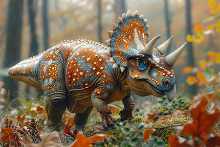 Triceratops dinosaur in the autumn forest. 3d renderingの写真素材