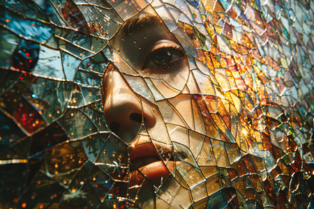 Mosaic of a woman's face in the style of stained glass