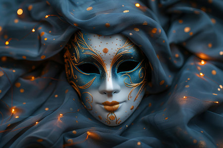 Carnival mask with blue cloth and golden bokeh.の写真素材
