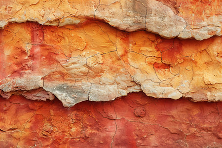 Texture, background. The surface of the rock is covered with multi-colored layers of red and yellow.の写真素材