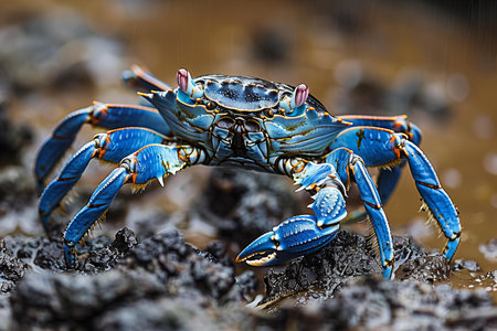 Blue crab on the beach, close-up of a blue crabの写真素材