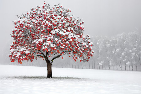 Beautiful winter landscape with a lonely tree covered in red decorations.