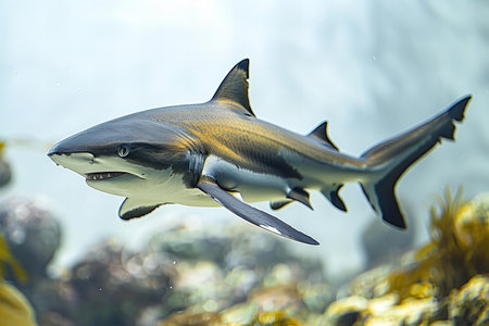 Close up of a shark swimming in a tank with corals.