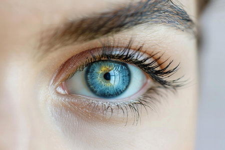 Close-up of a beautiful woman's blue eye with long eyelashesの写真素材