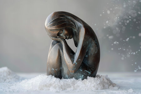 Sculpture of a sad woman on snow background. Depression conceptの写真素材
