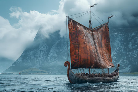 Viking ship in the sea. 3D illustration. Vintage style.