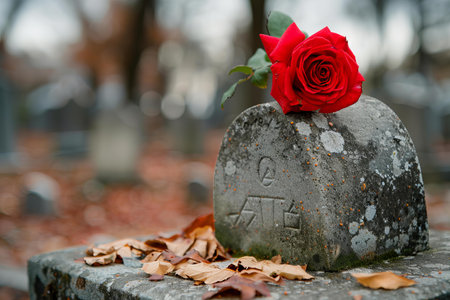 Red rose on a gravestone in a cemetery in the fall.の写真素材