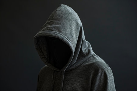 Hooded man with a hood on a dark background, front viewの写真素材