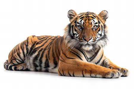 Tiger lying on white background. Isolated on white background.の写真素材