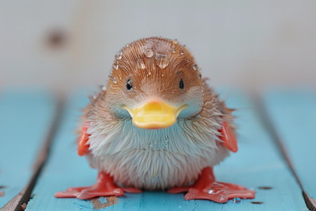 Cute duckling on a blue wooden background. Selective focus.の写真素材