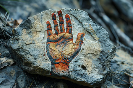 Close-up of a rock with a painted hand on it.の写真素材