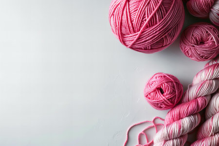 Balls of pink and white yarn on a gray backgroundの写真素材