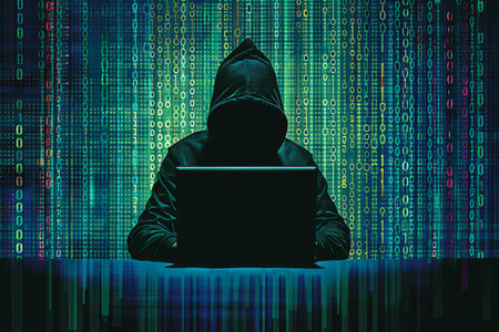 Hooded hacker using laptop computer with binary code on dark background