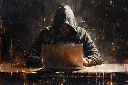 Hacker in hood with laptop on grunge background. Digital illustrationの写真素材