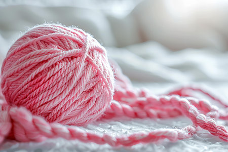 Pink wool yarn ball with knitting needles on white bedding background.の写真素材