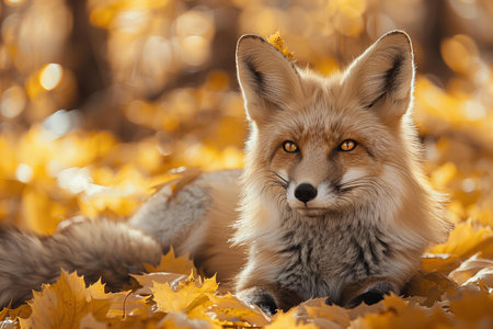 Red fox in autumn forest. Portrait of a wild animal.