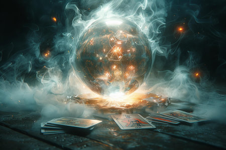 Magic crystal ball with tarot cards. Magic occult and alchemy concept. Selective focusの写真素材
