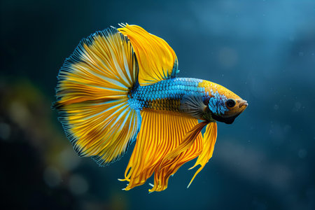 Capture the moving moment of yellow siamese fighting fish isolated on black background.の写真素材