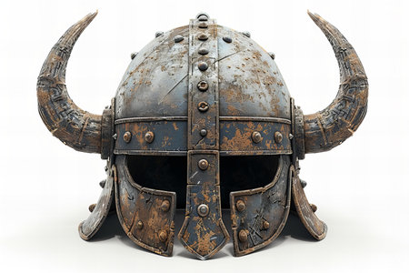 Viking helmet with horns on a white background. 3d renderingの写真素材
