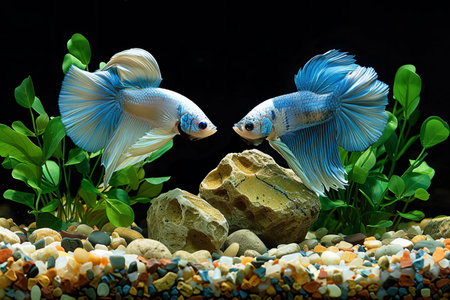 Siamese fighting fish in aquarium on black background, Thailand.の写真素材