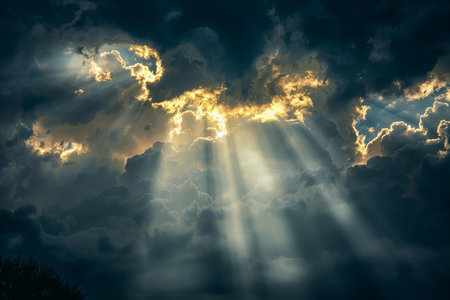 Dramatic sky with clouds and sun rays. Nature background.