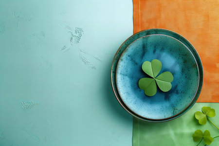 St. Patrick's Day table setting with four-leaf clover on blue background