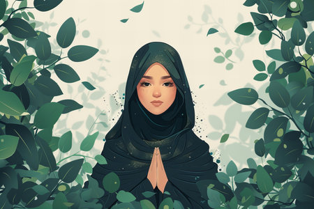 Beautiful Muslim woman in hijab with green leaves. Vector illustration.の写真素材