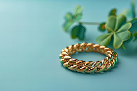 Gold bracelet with shamrock and clover leaves on a blue backgroundの写真素材
