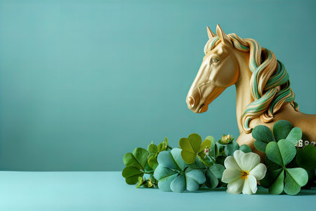 Horse and clover on blue background. St. Patrick's Day concept.の写真素材