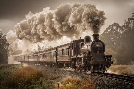 Steam locomotive with smoke in the sky. Vintage style toned picture