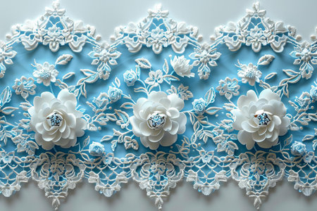 White lace on blue background. Close-up. Copy space.