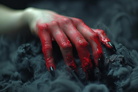Halloween theme: terrible bloody hands with black nails on black background