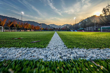Soccer field with green grass and sunset sky, Football field in the morning