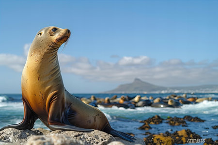 Galapagos sea lion (Zalophus californianus) on the rocks by the ocean in Ecuadorの写真素材