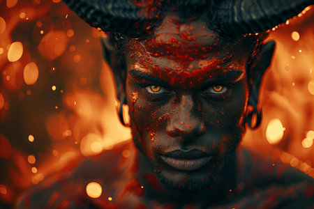 Close-up portrait of a man in the image of a demon. Halloween.の写真素材