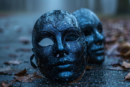 Halloween concept with a pair of blue masks covered in water drops